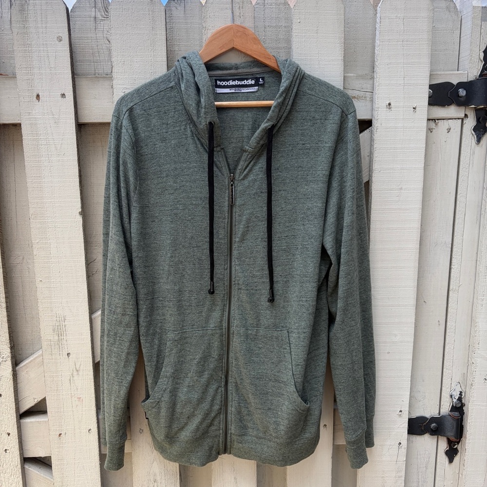 hoodiebuddie Olive Green Zip Hoodie with Built-in Aux Jack Earbuds.